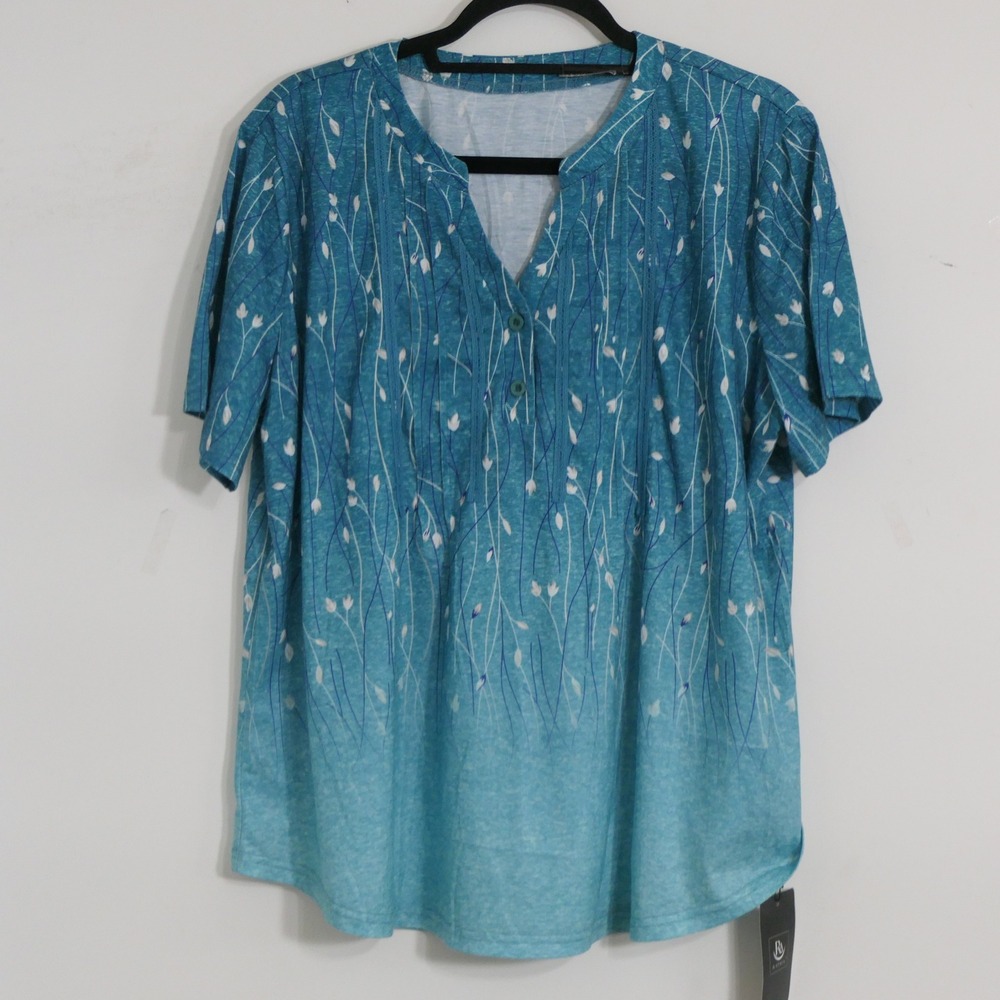 Rapbin Womens Henley XXL Blue Ombre Floral Pintuck Nature Feminine‎ Boho Blouse
